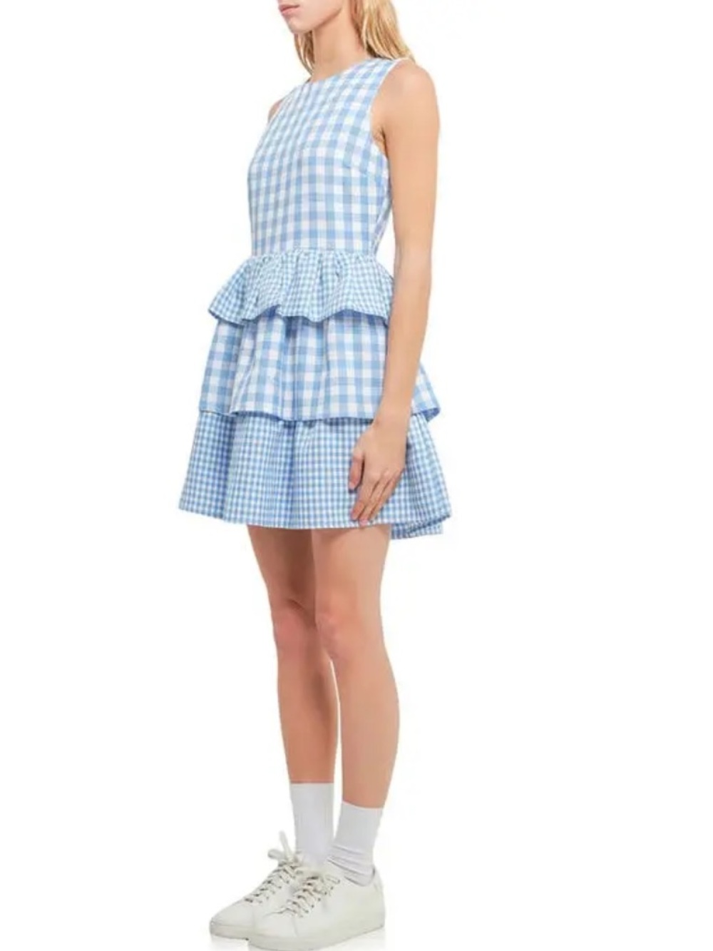 English Factory Tiered Gingham Sleeveless Dress in Blue and White Size XS - Picture 3 of 10